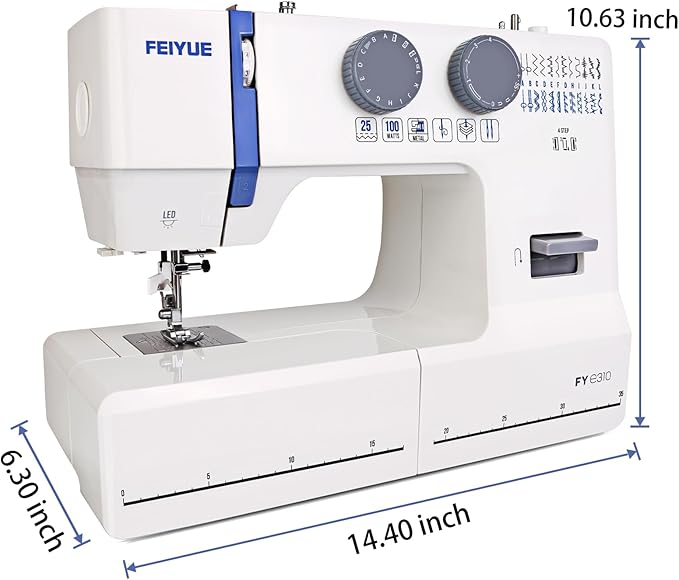 FEIYUE FYe310 Full Size Sewing Machine with Foot Pedal, Powerful Servo Motor, 25 Built-in Stitches, Heavy Duty & Portable, 6 Bobbins & 5 Included Sewing Feet (Gray)