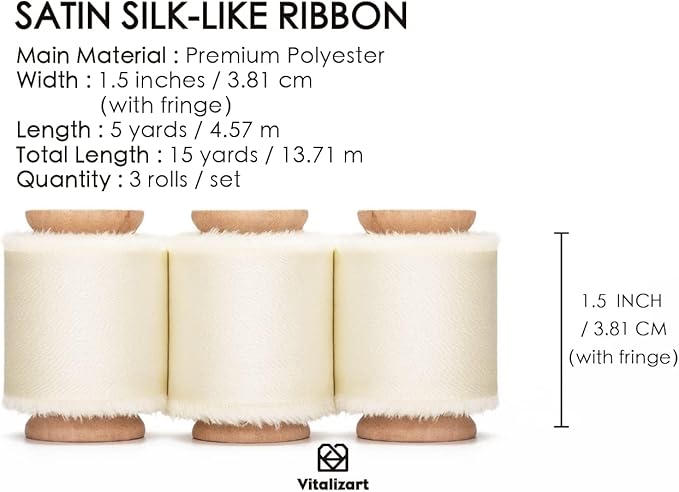Vitalizart White Silk Satin Ribbon 1-1/2 inch x 15 Ivory Handmade Frayed Ribbons for Gift Wrapping Baby Shower Wedding Bridal Bouquets Holiday Decor Cream