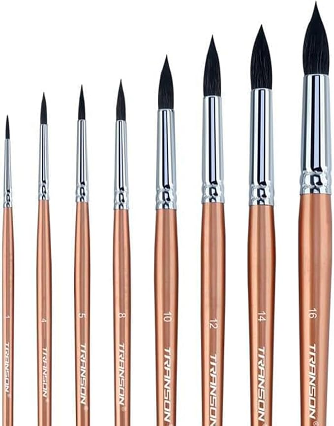 Transon 8pcs Round Watercolor Paint Brush Set Goat Hair for Watercolors,Acrylics,Inks,Gouache,Oil and Tempera
