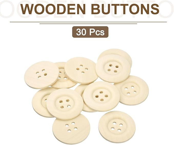 uxcell 30Pcs Large Wooden Buttons, 50mm(2") 4 Hole Round Wood Sewing Button Craft for Sewing DIY Craft Clothing, Natural Wood