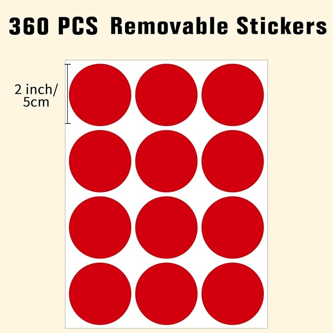 2" Round Large Colored Removable Stickers Labels - Red,Pack of 300