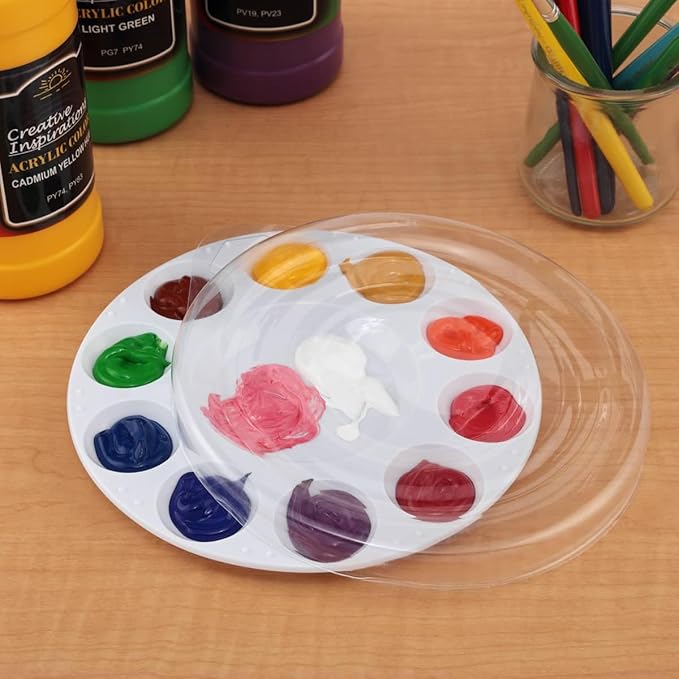 Creative Mark 10-Well Round Plastic Paint Palette with Lid - Pack of 12, Durable, Reusable, Solvent-Resistant, with Oversized Paint Wells for Students, Artists, Teachers - 7.4ml (0.25oz) per Well