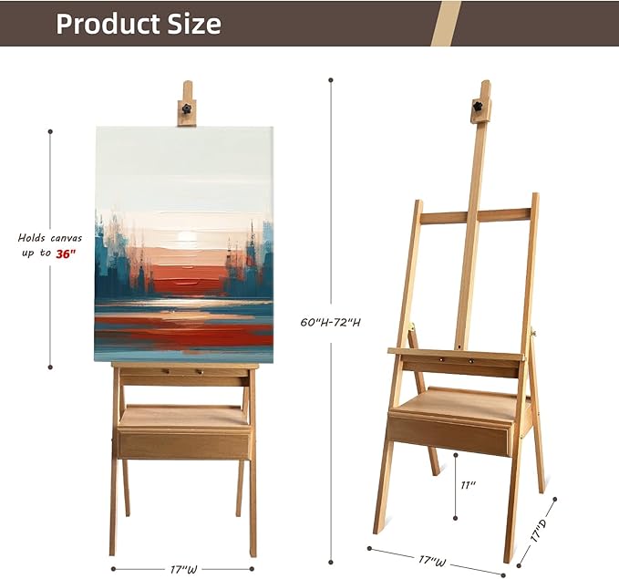 Large Solid Beech Wood Painting Easel with Storage Drawer(60"~75" H), H-Frame Adjustable Wooden Easel Stand with Signature Box for Adults, Students,Sturdy Canvas Holder up to 36''