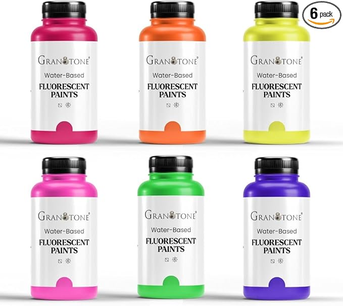 GRANOTONE Neon Fluorescent Acrylic Paint Set - 6 Colors, 8 oz Each | Glows in Black Light | Non-Toxic & Vibrant Paint | Ideal for Art, Crafts, Kids, & Hobbyists | Made in India