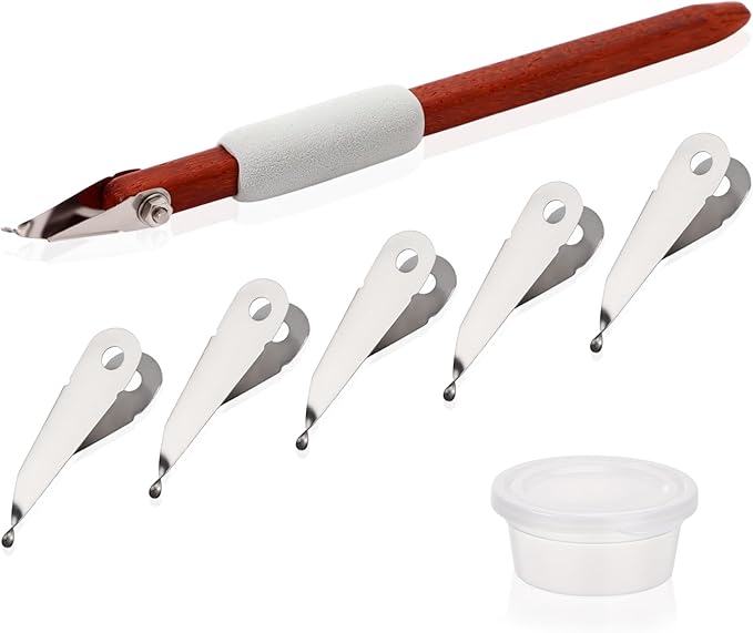 Lanties Pottery Carving Tools Set Include 5 Stainless Steel Blades & Red Pear Wood Handle, Sculpture Scraper Craft Modelling Tools for Clay, Ceramic Sculpting, Graffito, Relief Art(Fine Tip)