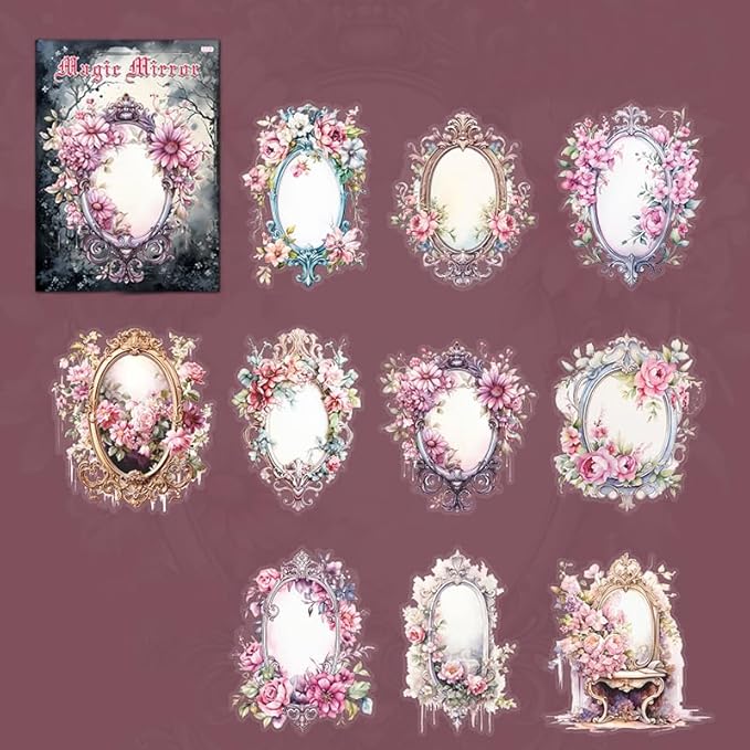 MAFELOE Retro Scrapbook Stickers of 10 Pieces, PET Aesthetic Deco Stickers Journaling Supplies for Junk Bullet Bottles Laptop- Magic Mirror Series-A