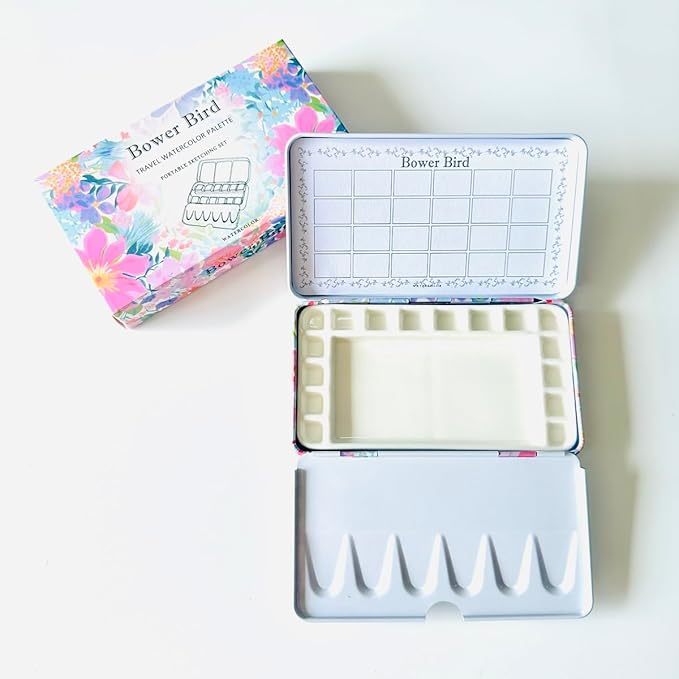 Bower Bird Travel Watercolor Palette,Portable Ceramic Palette,Empty Paint Palette,Small Travel Metal Paint Boxwith Porcelain Palette (16Well)