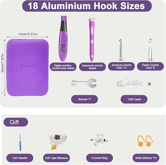 Light Up Crochet Hook Set with Stitch Counter,Crochet Kit with 18 Different Size Interchangeable Crochet Needle,Ergonomic with 2 Levels Led and Digital Stitch Counter for Crocheting and Knitting