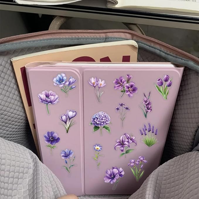 50pcs Purple Flower Transparent Stickers for Scrapbooking – Aesthetic Watercolor Floral Sticker Pack for Journaling, Resin Crafts, Laptop, Clear Botanical Decals