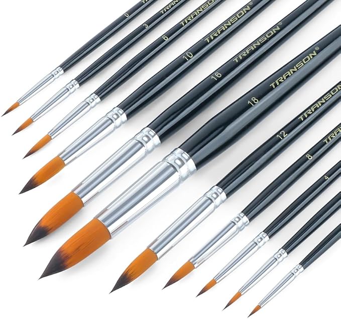 Transon 11pcs Round Paint Brush Basic Set for Watercolor, Acrylic, Gouache, Ink, and Tempera Painting