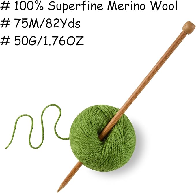 100% Merino Wool Yarn 3-Ply Luxurious and Soft Yarn for Hand Knitting & Crocheting(Grass Green,1Ball)