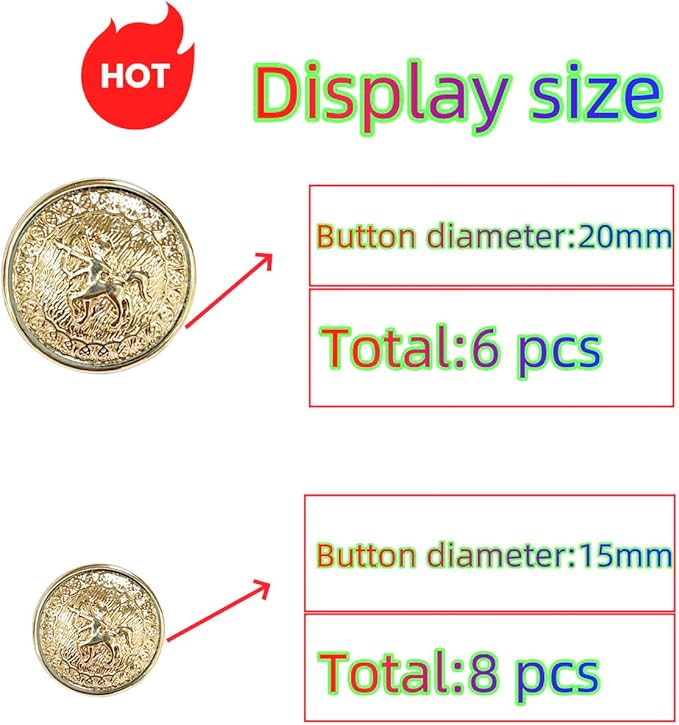 14 Pieces Light Gold Metal Blazer Button Set 15mm 20mm for Blazers, Suits, Sport Coats, Sewing, Uniform, Jackets (MBM37)