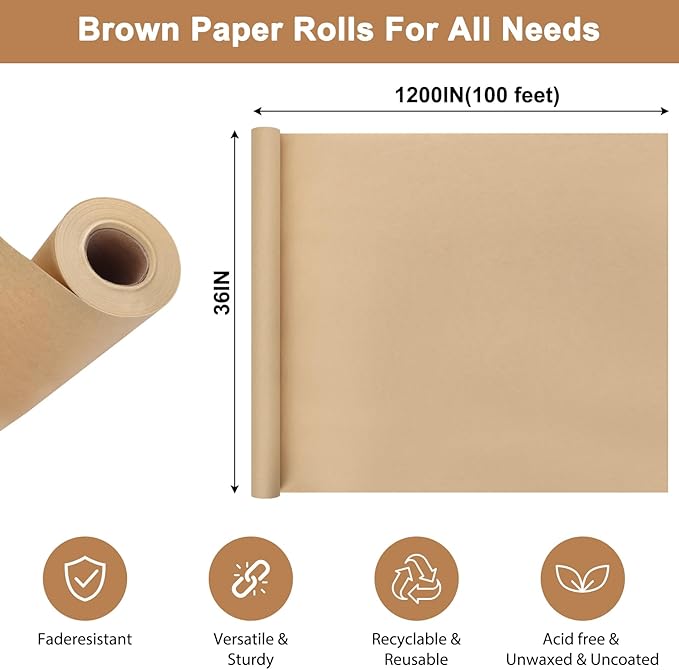 Moretoes 36" x 1,200"(100') Brown Wrapping Paper Roll, Kraft Packing Paper Roll for Gift Wrapping Craft Bulletin Board Banner Art Bouquet Flower Packing Moving Shipping 75GSM