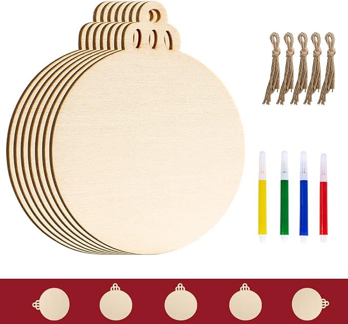 Artmag 50pcs Christmas Unfinished Wood Wooden DIY Ornaments Blank Round Wood Discs for Crafts Centerpieces Holiday Hanging Decor Decorations