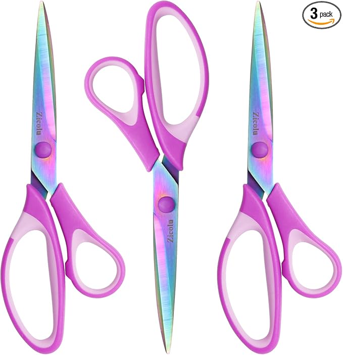 8.5" Scissors All Purpose, Multipurpose Office Scissors Set of 3 Pack, Titanium Coating Sharp Blade, Soft Comfort-Grip, Ideal for Fabric, School, Home, Craft & Sewing, Right/Left Handed, Purple