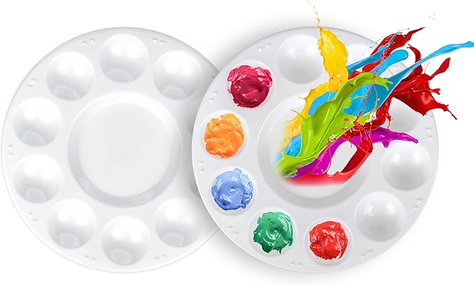 FANDAMEI Paint Palette, Paint Trays for Kids, Paint Pallets with 10 Wells for Adults & Kids, Round Paint Tray Palettes, Plastic Paint Tray Palette, for Painting or DIY Craft Class, White, 2 PCS