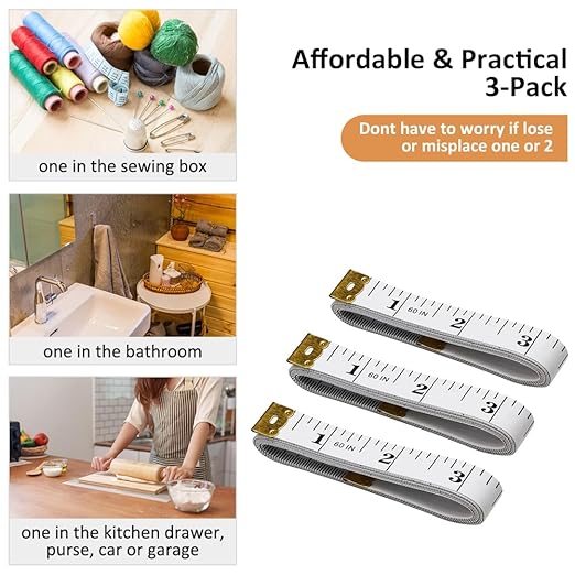 3-Pack Tape Measure Body Double Scale Soft Measuring Tape 60inch (150cm), Flexible Sewing Cloth Craft Fabric Ruler for Body Measurements & Weight Loss, Accurate & Easy to Read Large Clearly Numbers