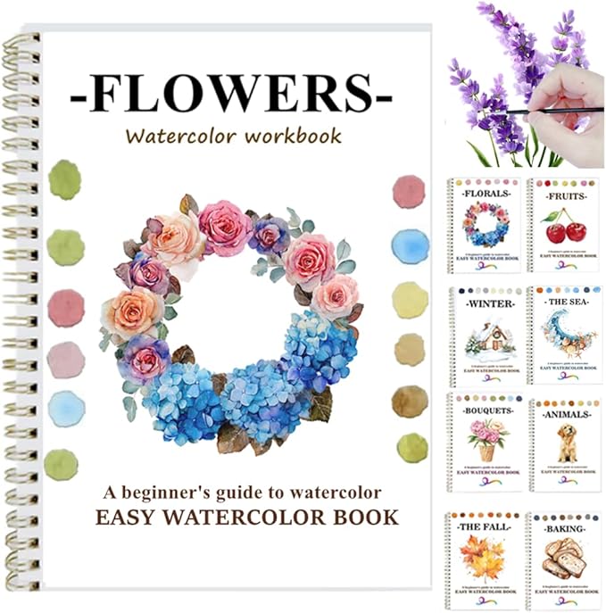 Watercolor Workbooks for Beginners, Water Coloring Book Beginner Friendly Watercolor Paint Set Art Crafts Painting Kit Gift for Adults, Any Level Artist (Flowers A, Without Paint Set)
