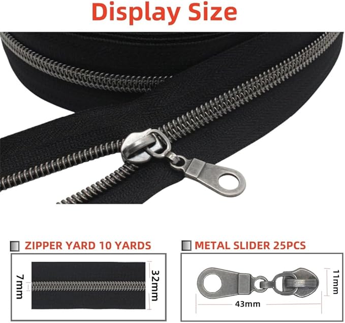 MebuZip #5 Gunmetal Metallic Nylon Coil Zippers by The Yard Bulk Coil Zipper Roll 10 Yards with 25pcs Pulls for DIY Sewing Craft Bags (Black)