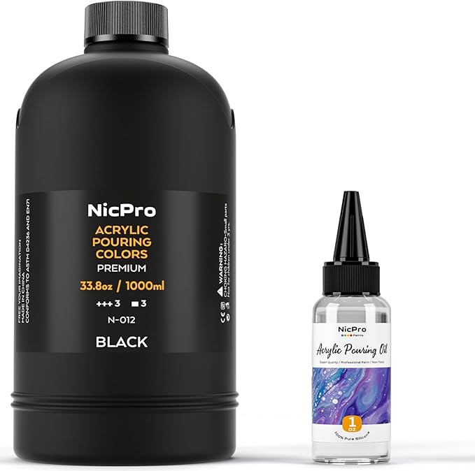 Nicpro Jet Black Color Acrylic Pour Paint, 33.8 Ounce Pre-Mixed Pouring Paint Supplies with Silicone Pour Oil & Gloves for Canvas, Rock, Wood Cell Creation Flow DIY Art Painting, Ready to Pour