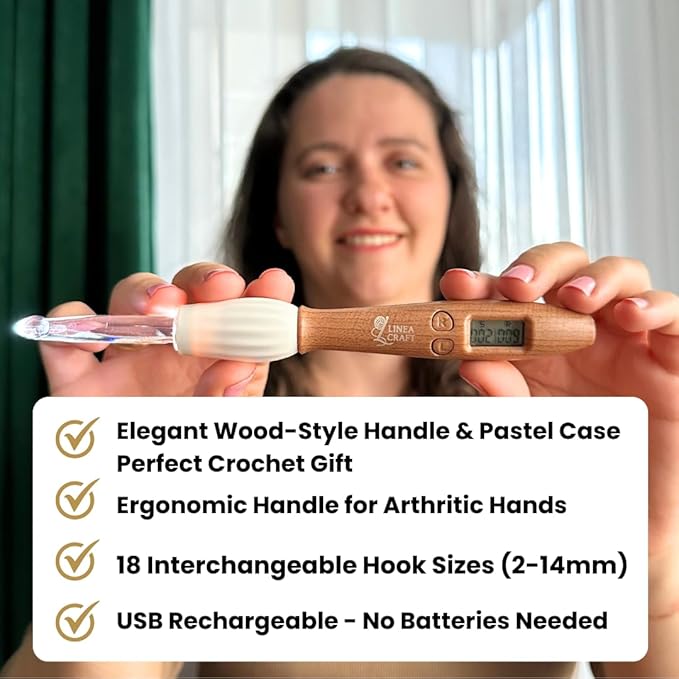 LineaCraft Counting Crochet Hook Set – 18 Sizes Interchangeable Hooks Kit, Light up, Digital Stitch & Row Counter, Ergonomic for Arthritic Hands with Pastel Crochet Hook Case – Crochet Gift