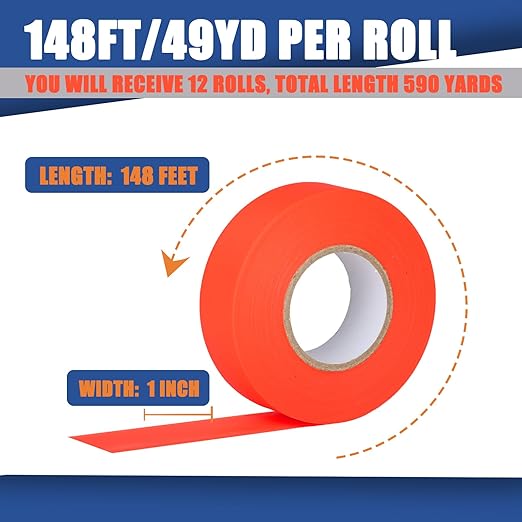 12 Pack Fluorescent Orange Flagging Tape, Non Adhesive Surveyors Tape, Neon Tree Marking Ribbon, Great Visual Labeling & Tagging for Home & Workplace Use, 1 in. x 150 ft