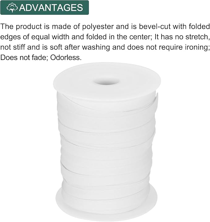 MECCANIXITY 2/5 Inch Double Fold Bias Tape Polyester Continuous Bulk Bias Tape for Sewing,Seaming Quilting Hemming Binding Crafts (White 55 Yards)