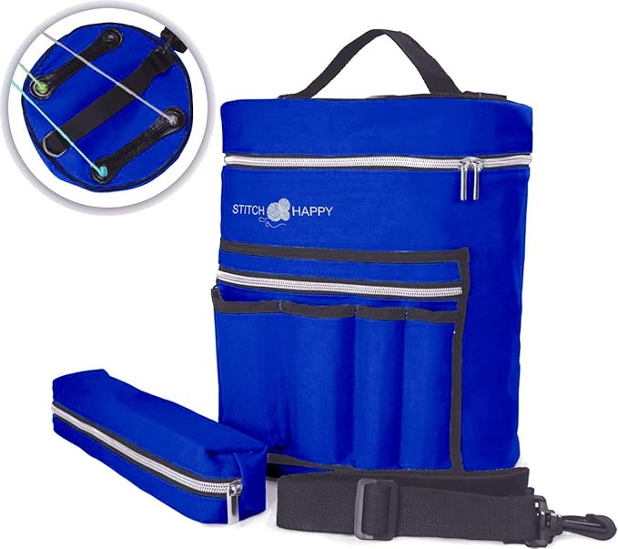 Stitch Happy Designer Knitting Starter Kit: 20 Piece Knitting Kit for Beginners & 7 Pocket Yarn Bag, Signature Yarn Storage (Cobalt)