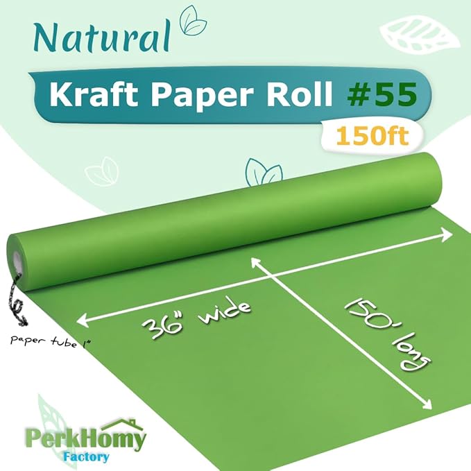 PerkHomy Medium Green Kraft Paper Roll 36" x 1,800" (150') for Gift Wrapping Bouquet Flower Art Painting Craft Writing Packaging Shipping 80GSM 55LB (Medium Green, 36" x 150')