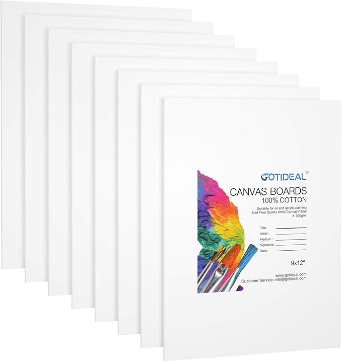 GOTIDEAL Canvases for Painting, 9x12 inch of 8, Professional Primed White Blank Flat Canvas Panels- 100% Cotton Artist Canvas Boards for Acrylics Painting, Oil Watercolor Tempera