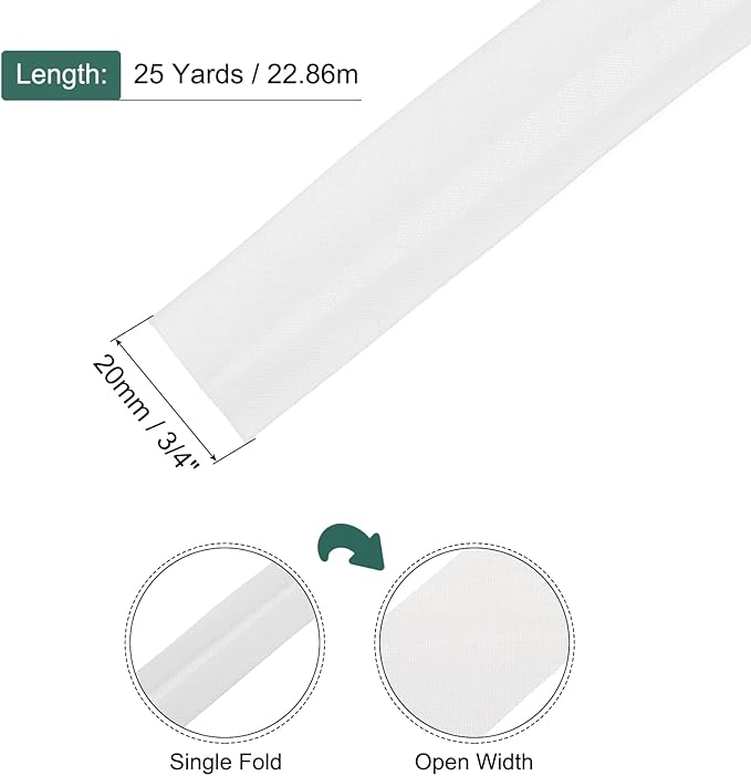 MECCANIXITY 3/4 Inch Single Fold Bias Tape Polyester Continuous Bulk Bias Tape for Sewing, Seaming Quilting Hemming Binding Crafts (White 25 Yards)