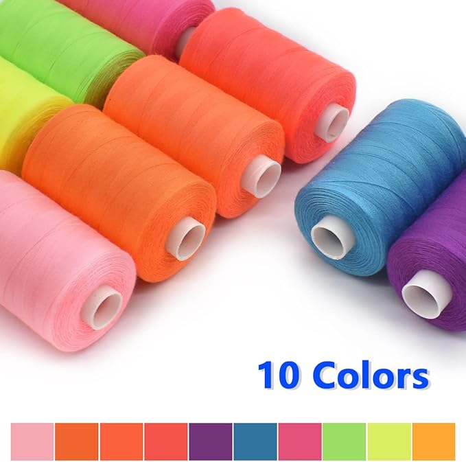 Sewing Thread 10 Color Sewing Industrial Purpose 1000 Yards Per Spool 40S/2 Polyester for DIY Sewing Machine,Embroidery Machine,Hand Sewing (Bright Color Mixing)