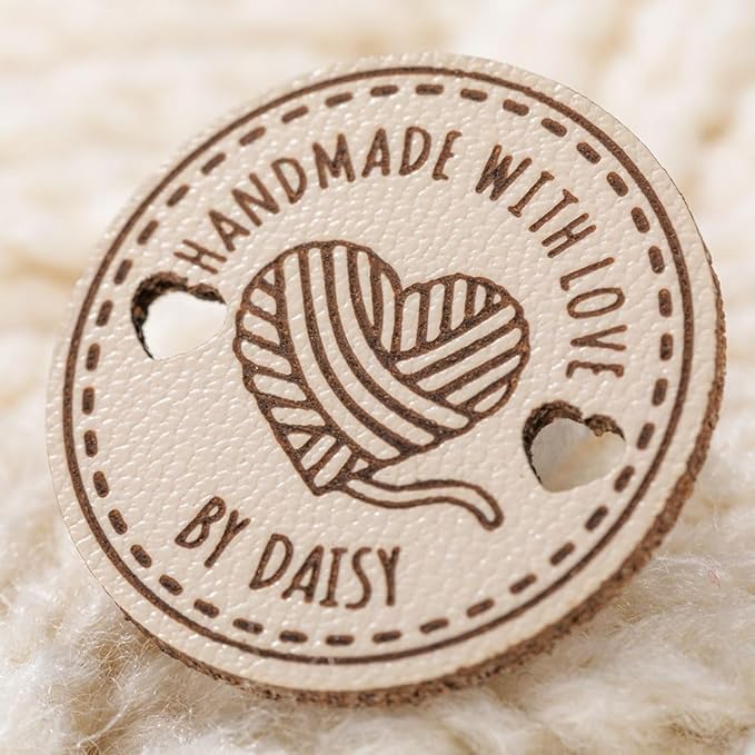 Custom Name Leather Handmade Craft Buttons, Personalized Sewing Tags for Crochet with Engraved Pattern - Handmade with Love Button Gift for Mom Mother Grandma