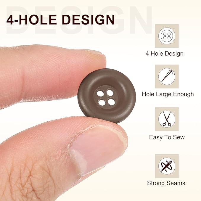 HARFINGTON 50pcs Sewing Button 15mm (5/8 Inch) 4 Holes Resin Thickened Round Crafting Replacement Buttons for Clothing DIY Crafts Decoration, Dark Brown
