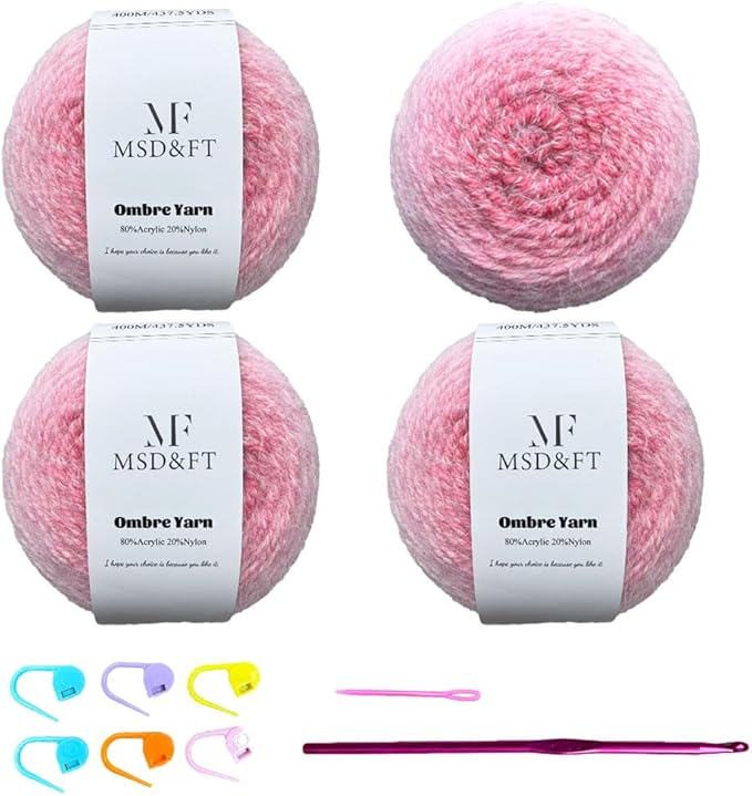 MSD&FT Ombre Yarn, 80% Acrylic 20% Nylon Blend, Pink Gradient, 4-Pack (Chateau Rose)
