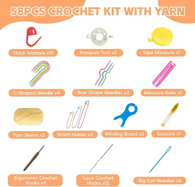 58pcs Crochet Kit Beginners, Crochet Hook Set with Yarn, Portable Crocheting Kit for Starter, Ergonomic Crochet Needles Tools DIY Knitting Accessories for Experienced Crochet Lovers, Blue Flower