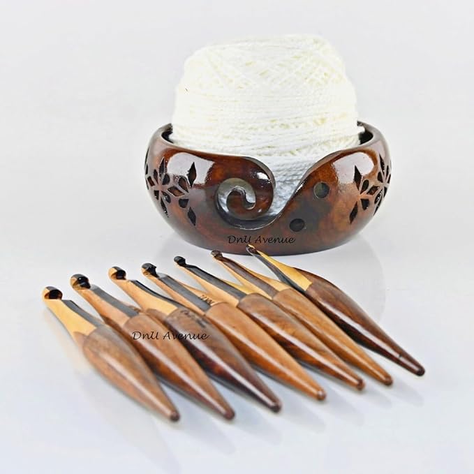 DnU Avenue Multicolor Wooden Crochet Hooks Set of 7 (4MM–10MM) with Yarn Bowl | Ergonomic Crochet Hooks for Arthritic Hands | Comfortable Wooden Crochet Needles | Perfect Gift for Crochet Lovers