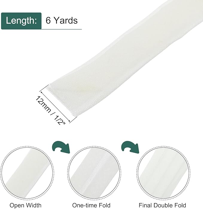 MECCANIXITY 1/2 Inch Double Fold Bias Tape Continuous Bulk Cotton Bias Tape for Sewing Seaming Quilting Hemming Binding Crafts (Light White 6 Yards)