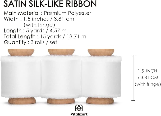 Vitalizart White Silk Satin Ribbon 1-1/2 inch x 15 Yard with Wooden Spool Off White Handmade Frayed Ribbons for Gift Wrapping Baby Shower Wedding Bridal Bouquets Holiday Decor