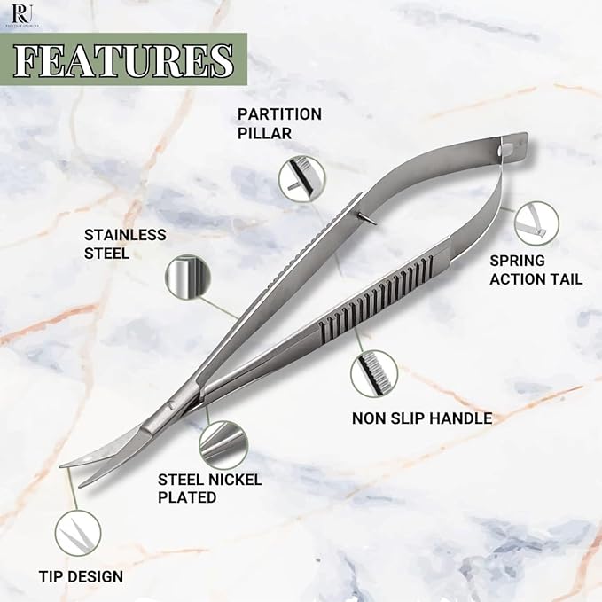 Micro Scissors 5.5" Curved Snip Embroidery Scissor Extra Sharp Tip Eyebrow Trimming Scissor Spring action Sewing Arts & Craft for Grooming thread Premium Stainless Steel Squeeze Applique Scissors.