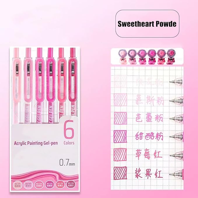 6 Pcs Acrylic Gel Pens 0.7mm Quick Dry Colorful Fine Point Smooth Writing Ballpoint, for Adult Coloring, Black Paper, Drawing, Journaling, Note Taking, Sweet Pink