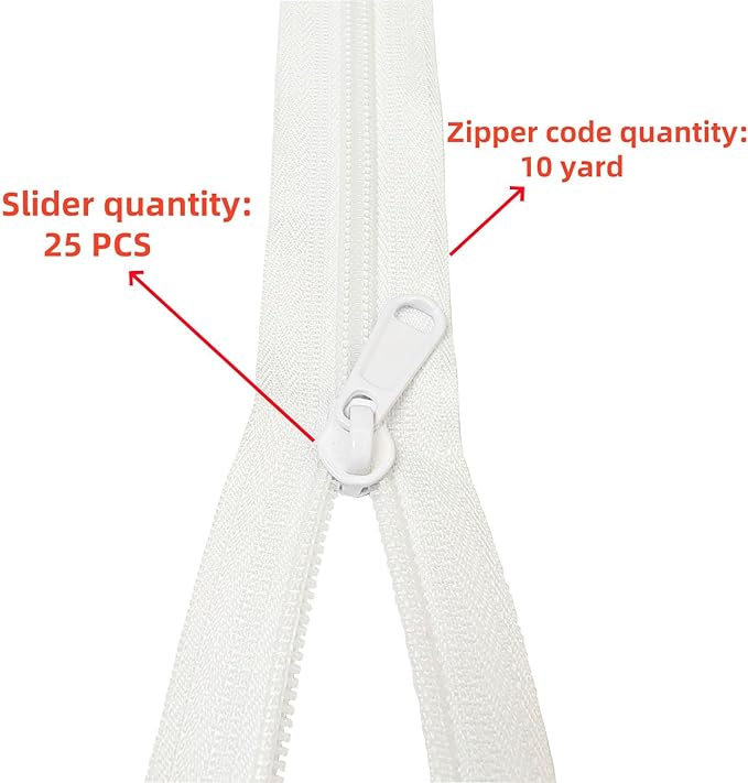 MebuZip #5 Nylon Coil Zippers by The Yard Bulk Zipper Roll Zipper Tape 10 Yards with 25pcs Pulls for Sewing Tailor DIY Craft Bags Pillows (White 10Yards)