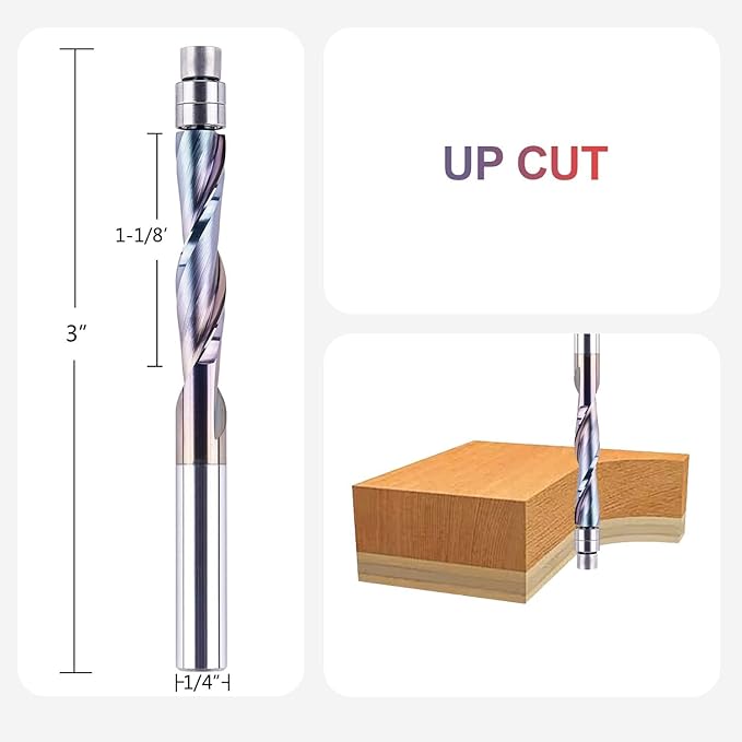 SpeTool 2PCS Upcut Spiral Flush Trim Router bit 1/4 Inch Shank 1-1/8 Inch Cutting Length Extra Long 3 Inch OVL,Carbide CNC Router Bit for Triming