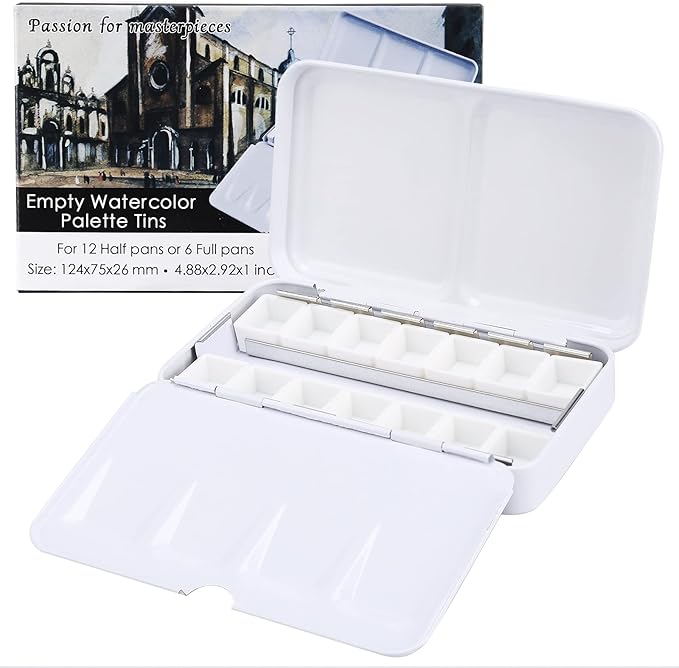 MyArTool Empty Watercolor Palette, Empty Watercolor Tin Box Palette Paint Case, Foldable Watercolor Paint Palette with 12 Empty Half Pans for Watercolor and Acrylic Painting