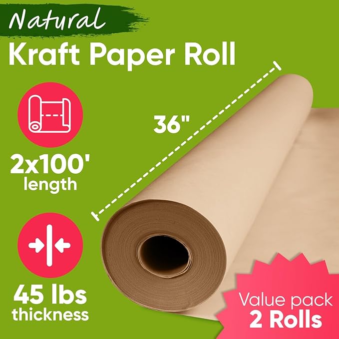 36" x 1200" (100 ft) Brown Kraft Paper Roll (Value Pack of 2), 45 lbs Thickness, Made in USA Colored Kraft Paper for School, Bulletin Board - Odorless, Non-Toxic, Safe for Kids