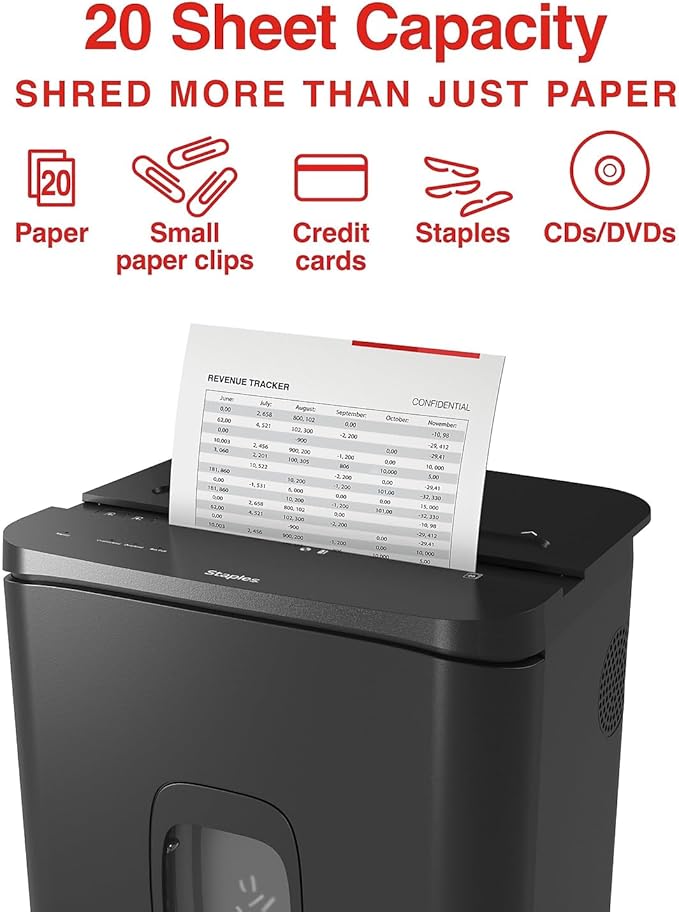 Staples 20-Sheet Micro-Cut Shredder – High-Security Document & Credit Card Shredding for Offices
