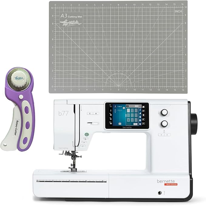 Bernette B77 Sewing and Quilting Machine | Touchscreen Control with Multiple Stitch Options | Includes 12×18 Cutting Mat and Purple Rotary Cutter