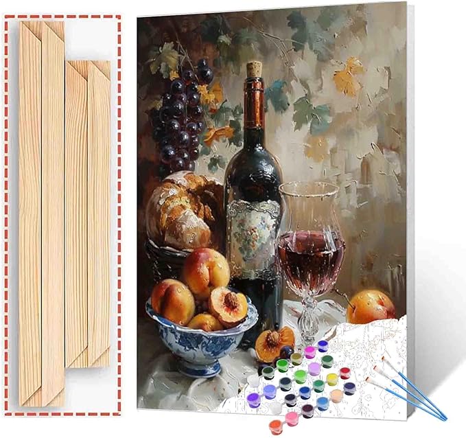 Tucocoo DIY Paint by Numbers for Adults Vintage Wine Fruit DIY Digital Oil Painting Acrylic Painting Kits Canvas Wall Art Wine Fruit Retro Room Decor 16x20 Inch （DIY Frame ）