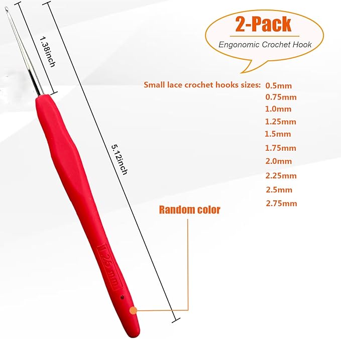 Mdoker 2PCS Small Size Crochet Hook Ergonomic Handle Crochet Hook Needles for Arthritic Hands,Thread Crochet Steel Lace Hooks Size 1.25mm