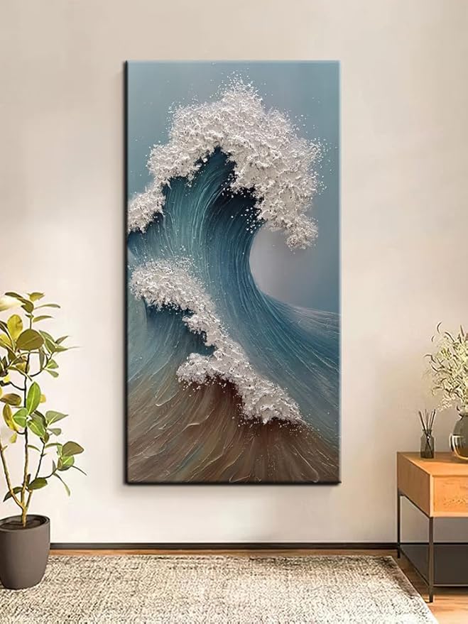 YaSheng Art 3D Ocean Wave Canvas Wall Art, Hand-Painted Textured Seascape, 24 x 48 inches